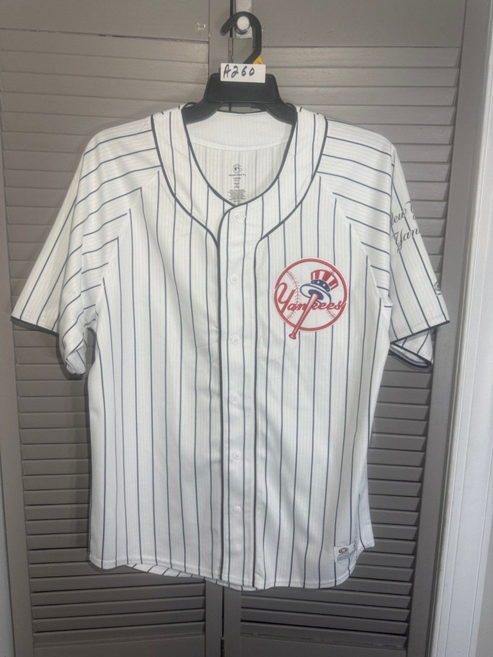 Men's White Pinstripe Yankees Jersey with Red Logo